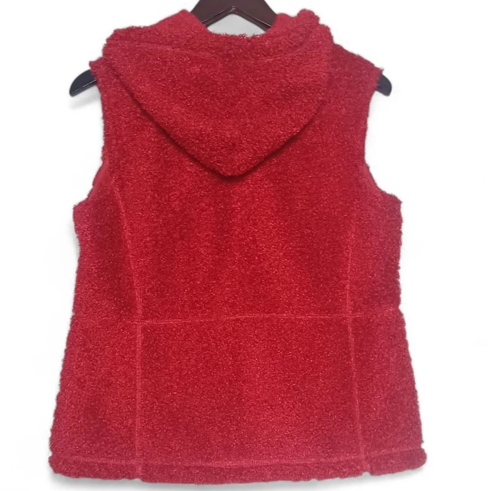 J. Jill Women’s Hooded Sherpa Teddy Fleece Zip Red Vest Size Small Cozy Layering - Picture 2 of 7